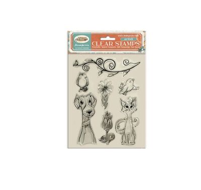 Stamperia Furry Friends - Clear Stamp Dog, Cat, Flowers 7 Pcs