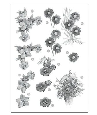 Craft UK - Pre Cut 3D Topper Floral Monochrome Decoupage A4 Sheet
