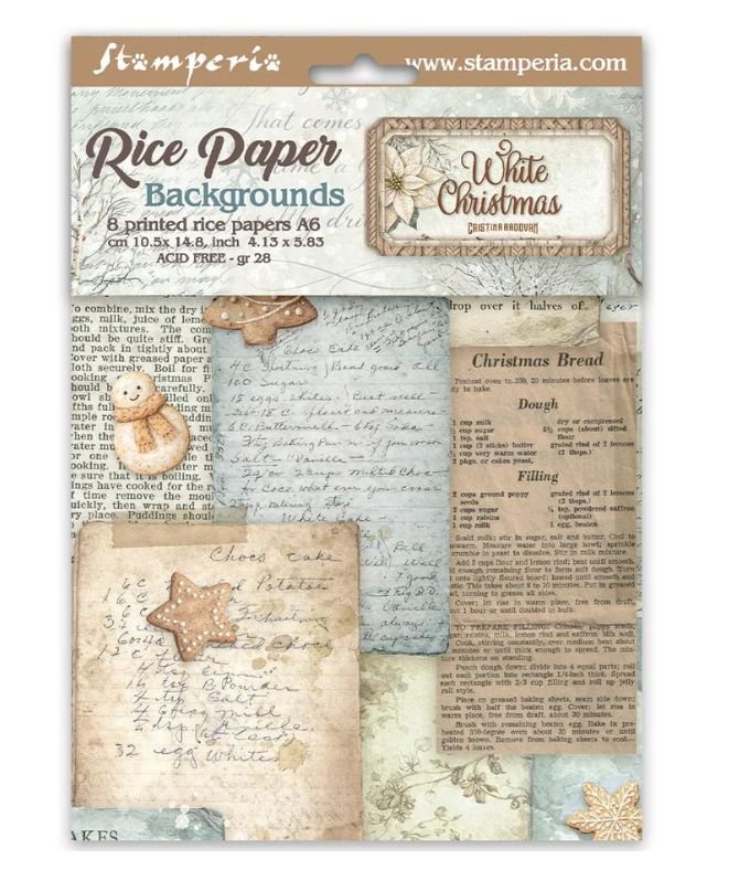 Stamperia - White Christmas Printed A6 Rice Paper Backgrounds 8 Sheets