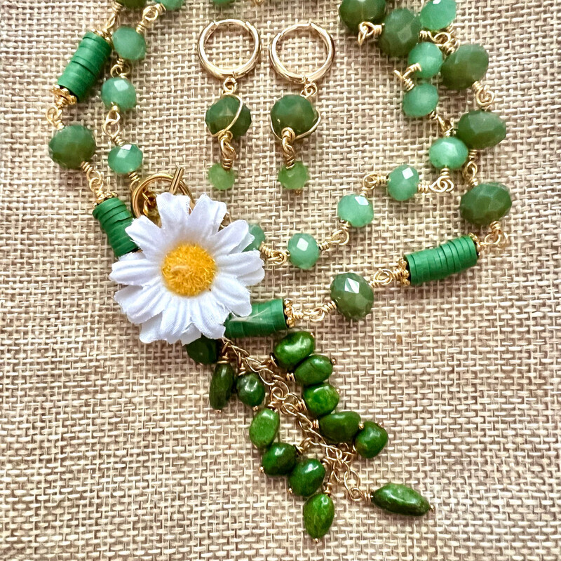 Two Piece Set Green Necklace and Earrings