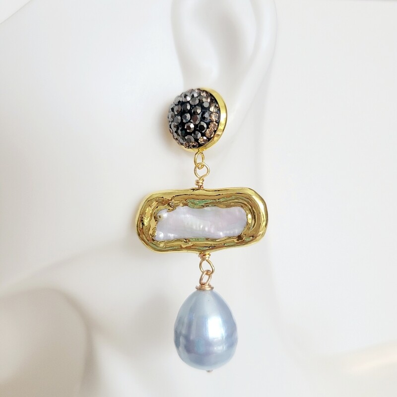 Earrings with Beveled Biwa Pearl and Hanging Pearl