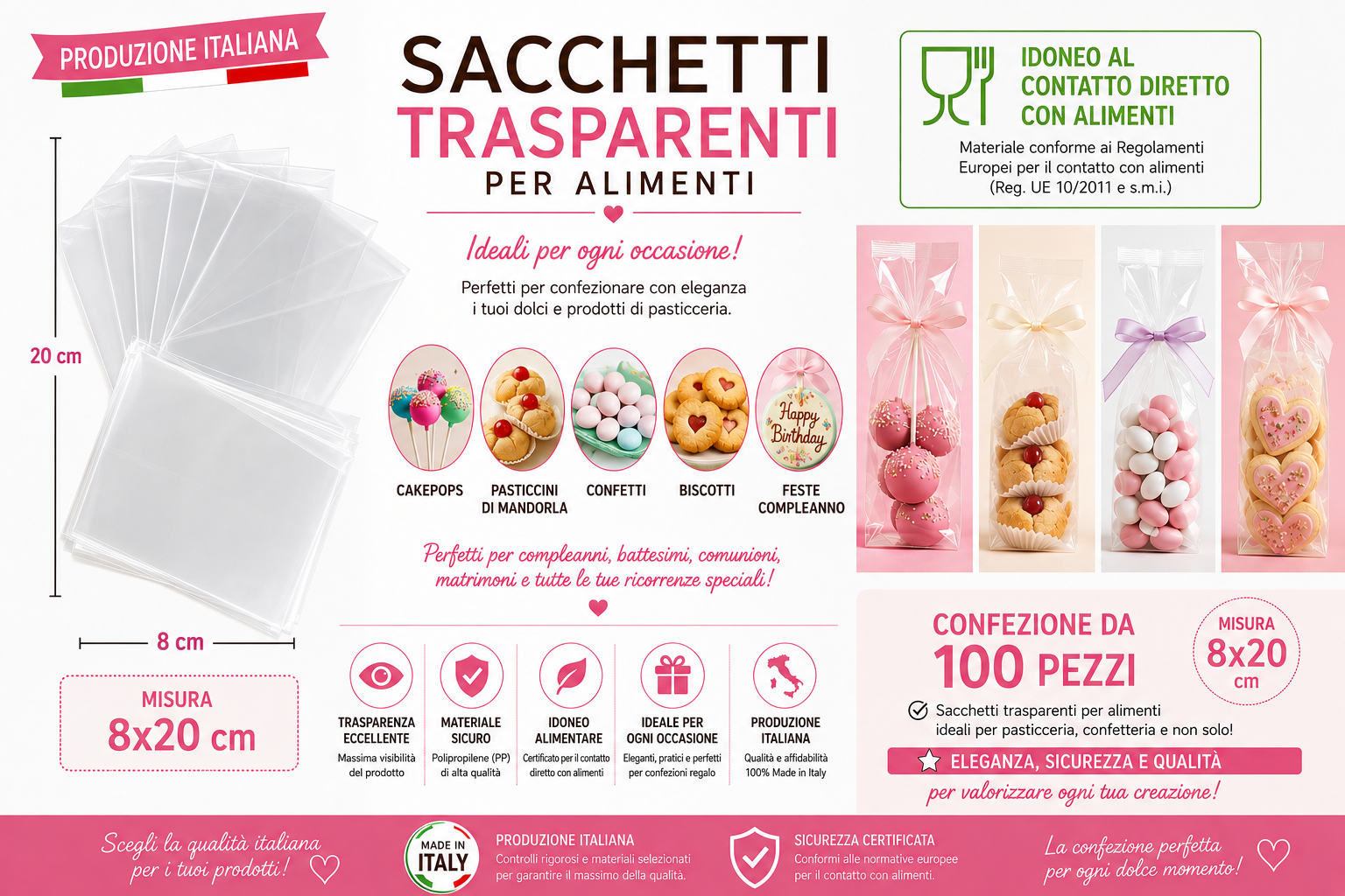 Bustina Trasparente Alimenti  Misura 8x20 Pezzi 100
