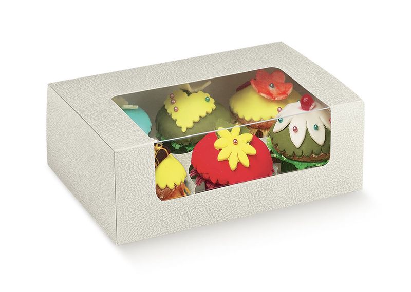Scatola Rettangolare Pelle Bianca  per 6 Cupcake Con Finestra ed Inserto