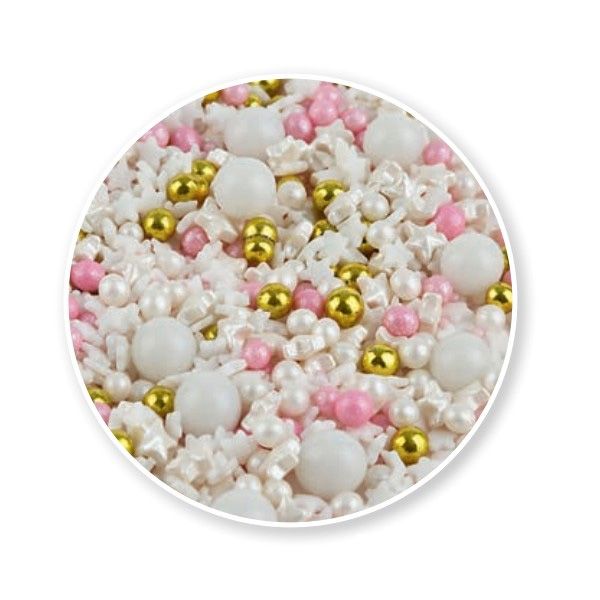 Decorazoni Sprinkless Mix Bianco/Oro/Rosa Gr 100 Decorazoni Sprinkless Mix Bianco/Oro/Rosa Gr 100