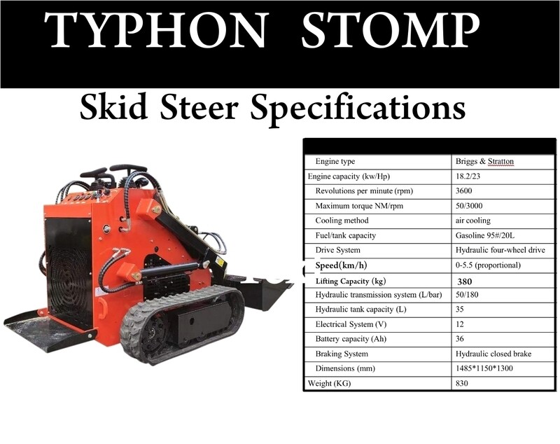 Top Compact & Mini Excavator Diggers- TYPHON Machinery Brand New TYPHON STOMP 1,800lbs Mini Skid Steer 23.5HP Gas EPA Engine USA