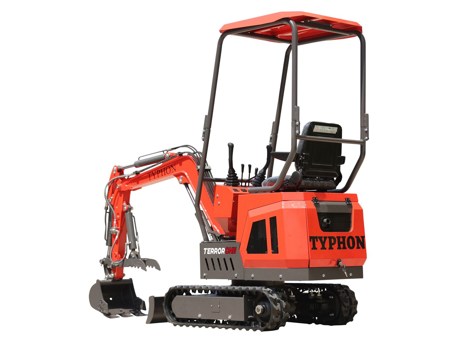 Red Typhon Terror One Storm mini excavator with canopy and tracked undercarriage