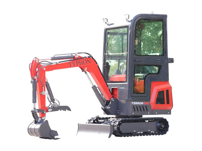 Top Compact & Mini Excavator Diggers- TYPHON Machinery TYPHON TERROR ONE Mini Excavator – 1.1 Ton Trench Digger with Cabin, Hydraulic Thumb Clip, Hydraulic Oil Cooler, 13.5hp B&S Engine USA