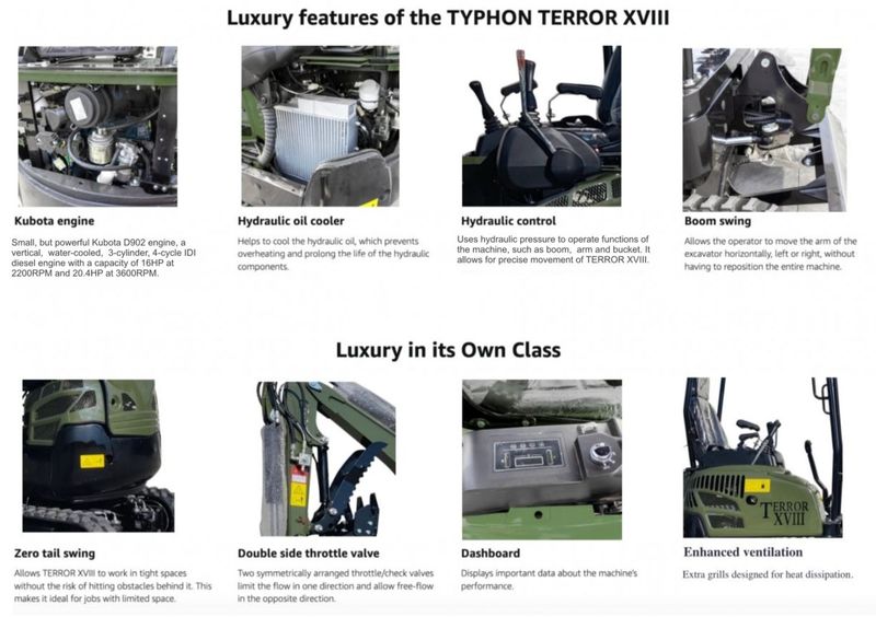Top Compact & Mini Excavator Diggers- TYPHON Machinery TYPHON TERROR XVIII Prestige 2 Ton Mini Excavator KUBOTA Diesel Engine USA