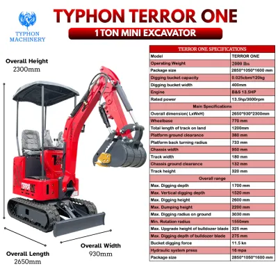Top Compact & Mini Excavator Diggers- TYPHON Machinery TYPHON TERROR ONE STORM 1 Ton Mini Excavator Trench Digger with Hydraulic Oil Cooler Canopy & Wide Bucket Ideal for Garden, Farm, Park & Road Work Digging, Drilling, Bull-Dozing