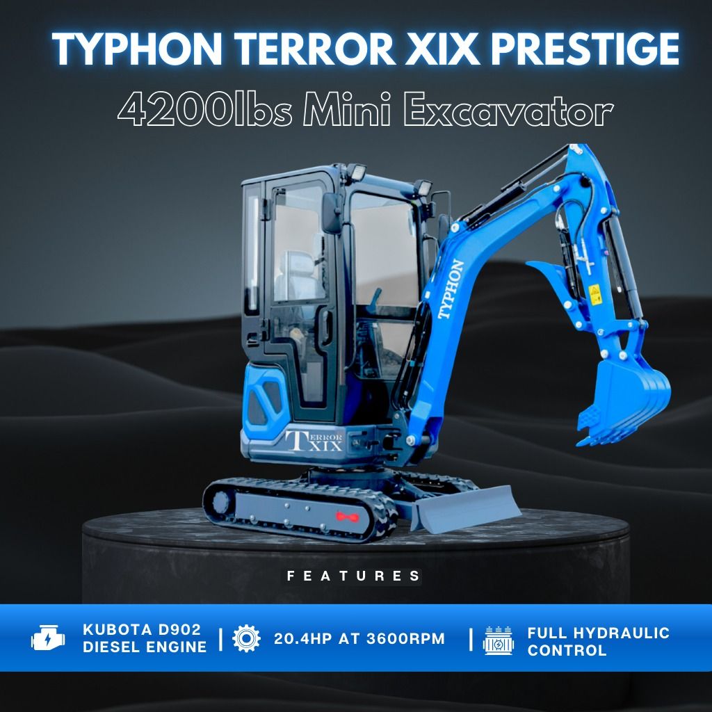 TYPHON TERROR XIX Prestige Cabin Mini Excavator 4200lbs 20.4 HP Kubota D902 with Boom Swing, Retractable Tracks TYPHON TERROR XIX Prestige Cabin Mini Excavator 4200lbs 20.4 HP Kubota D902 with Boom Swing, Retractable Tracks