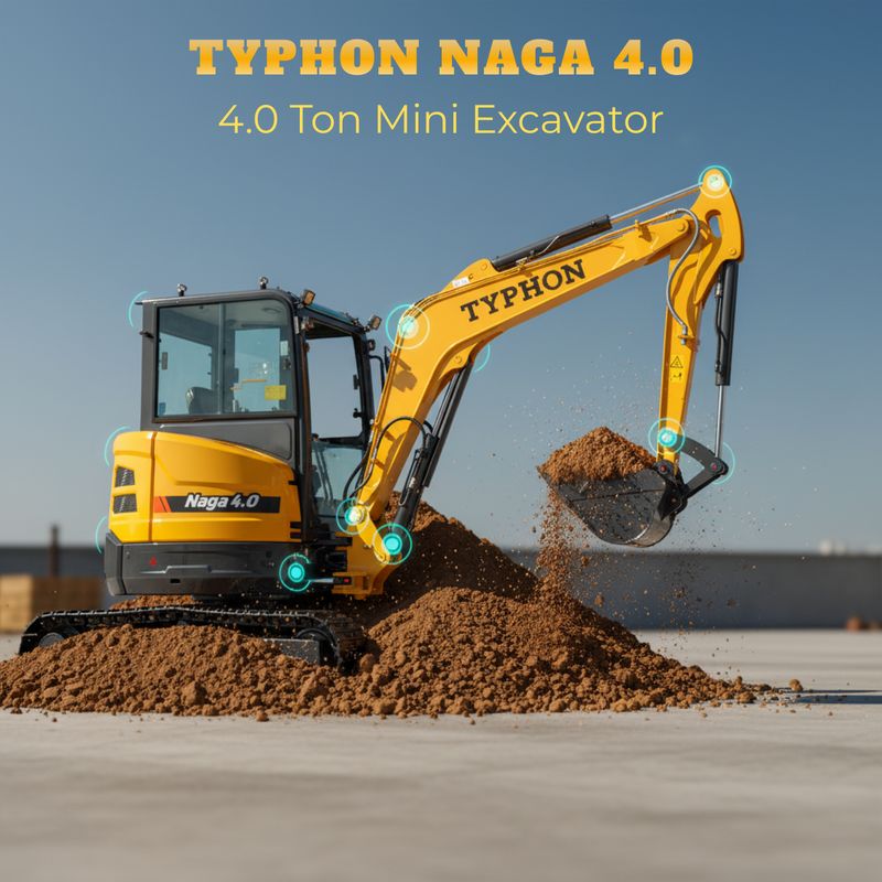 TYPHON NAGA 4.0 Mini Excavator w 4 Ton 24.4hp Yanmar Diesel Engine Metal Track ISO SAE control switch, AC Heater Cabin, 2 Travel Speed