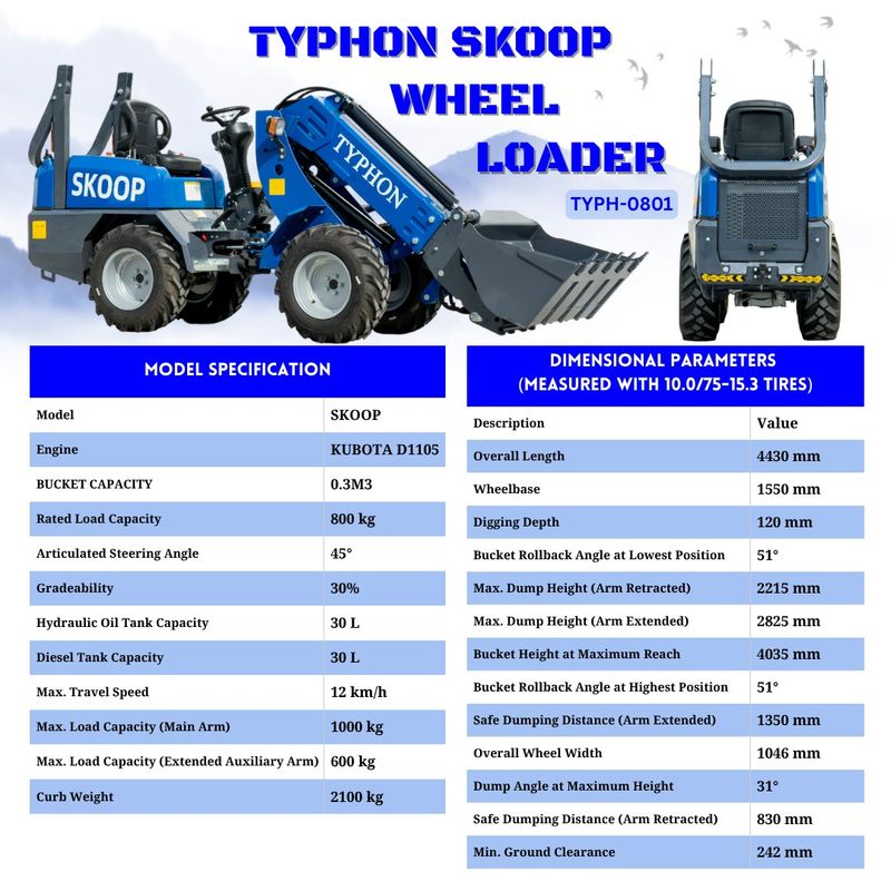 Top Compact & Mini Excavator Diggers- TYPHON Machinery New TYPHON Telescopic Wheel Loader with Kubota D1105 engine 25 hp 1 ton Load USA
