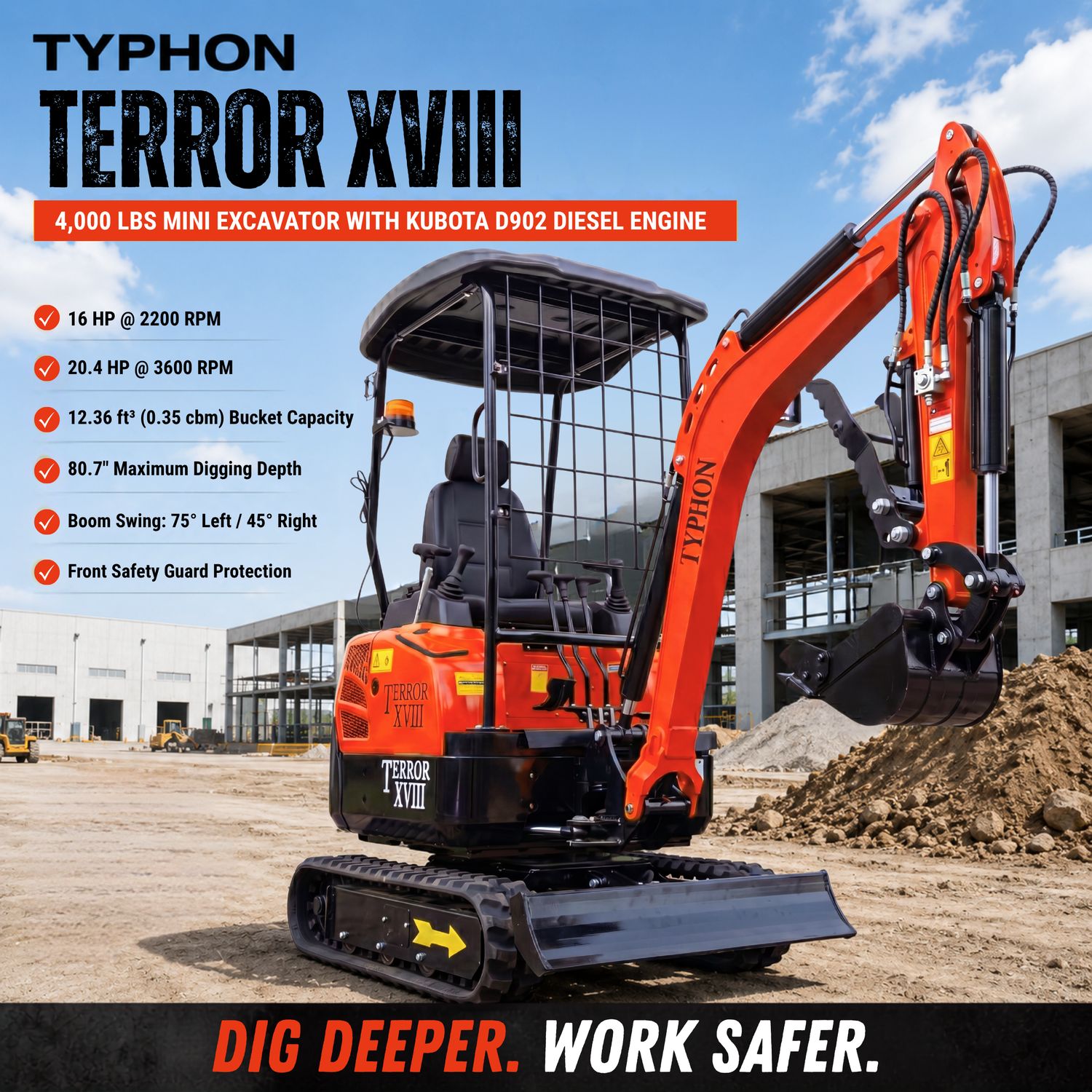 New 4,000 lb TYPHON Lux Mini Excavator Rubber Track with Kubota Diesel Engine USA
