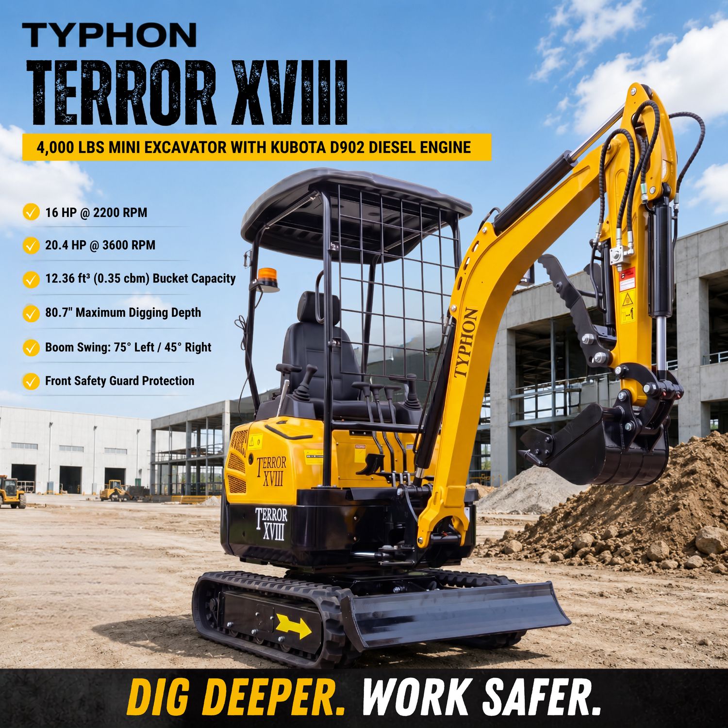 TYPHON TERROR XVIII Mini Excavator – 4000lbs Digger with 0.035 cbm Bucket USA TYPHON TERROR XVIII Mini Excavator – 4000lbs Digger with 0.035 cbm Bucket USA