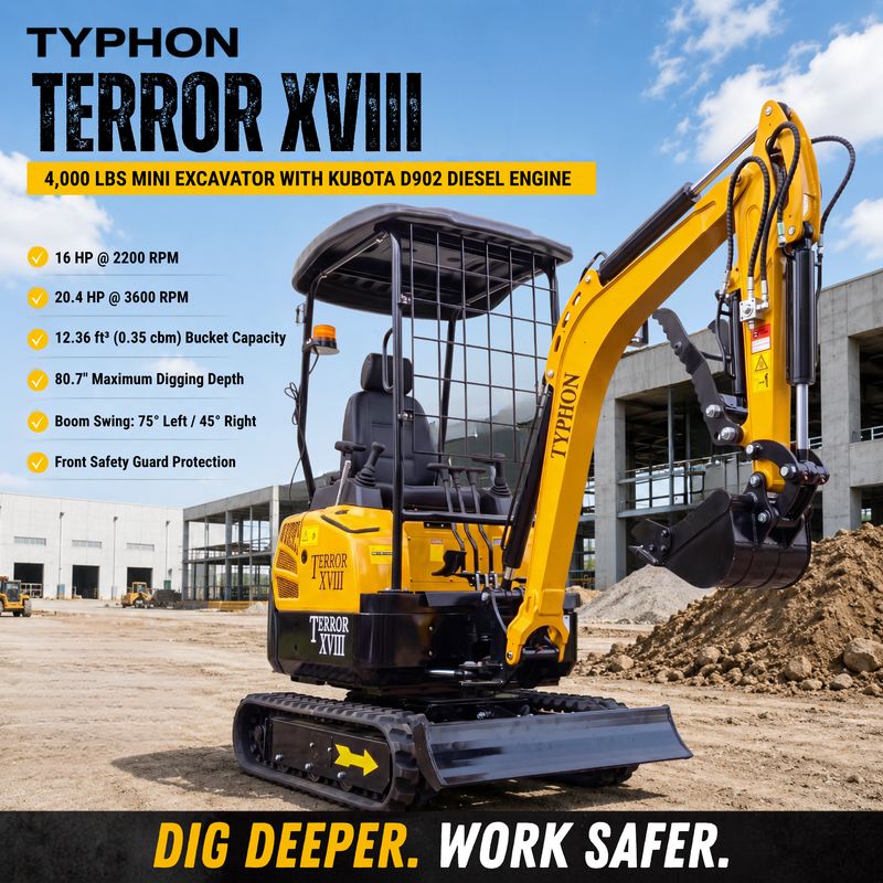 TYPHON TERROR XVIII Mini Excavator – 4000lbs Digger with 0.035 cbm Bucket USA TYPHON TERROR XVIII Mini Excavator – 4000lbs Digger with 0.035 cbm Bucket USA