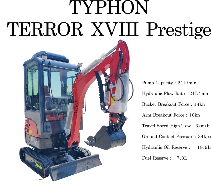 Top Compact & Mini Excavator Diggers- TYPHON Machinery TYPHON TERROR XVIII Prestige 2 Ton Mini Excavator, KUBOTA Diesel Engine USA