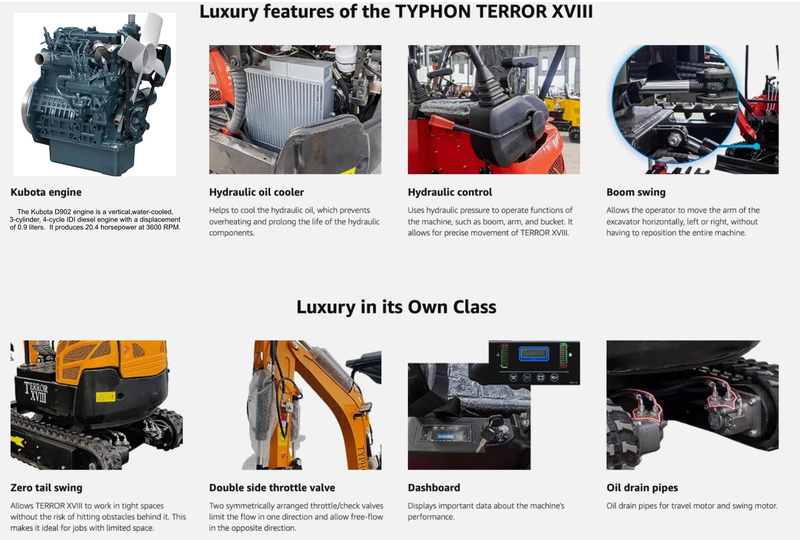 Top Compact & Mini Excavator Diggers- TYPHON Machinery TYPHON TERROR XVIII Prestige 2 Ton Mini Excavator KUBOTA Diesel Engine USA