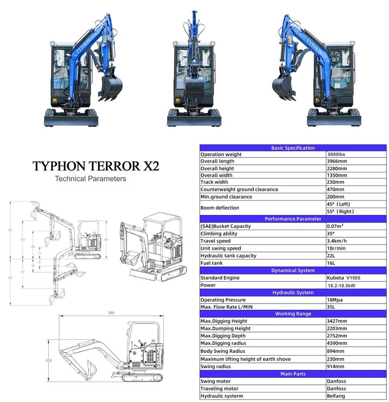 Top Compact & Mini Excavator Diggers- TYPHON Machinery TYPHON TERROR X2 Mini Excavator 2.7 Ton EPA Diesel Kubota V1505 Engine USA