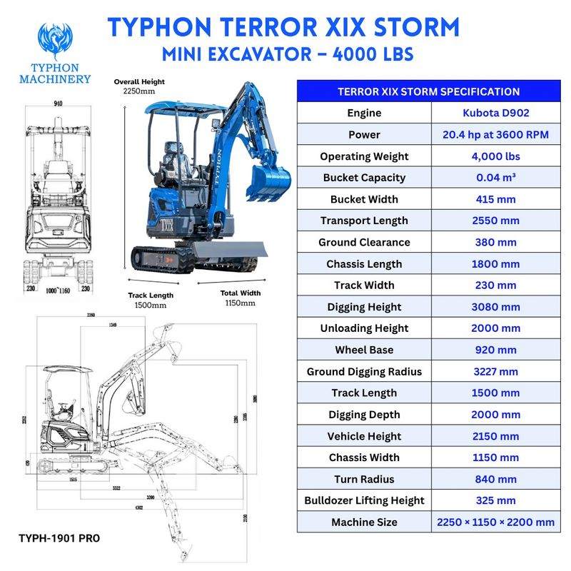Top Compact & Mini Excavator Diggers- TYPHON Machinery TYPHON TERROR XIX STORM Mini Excavator – 4000lbs Trench Digger with Boom Swing, Canopy, Retractable Tracks