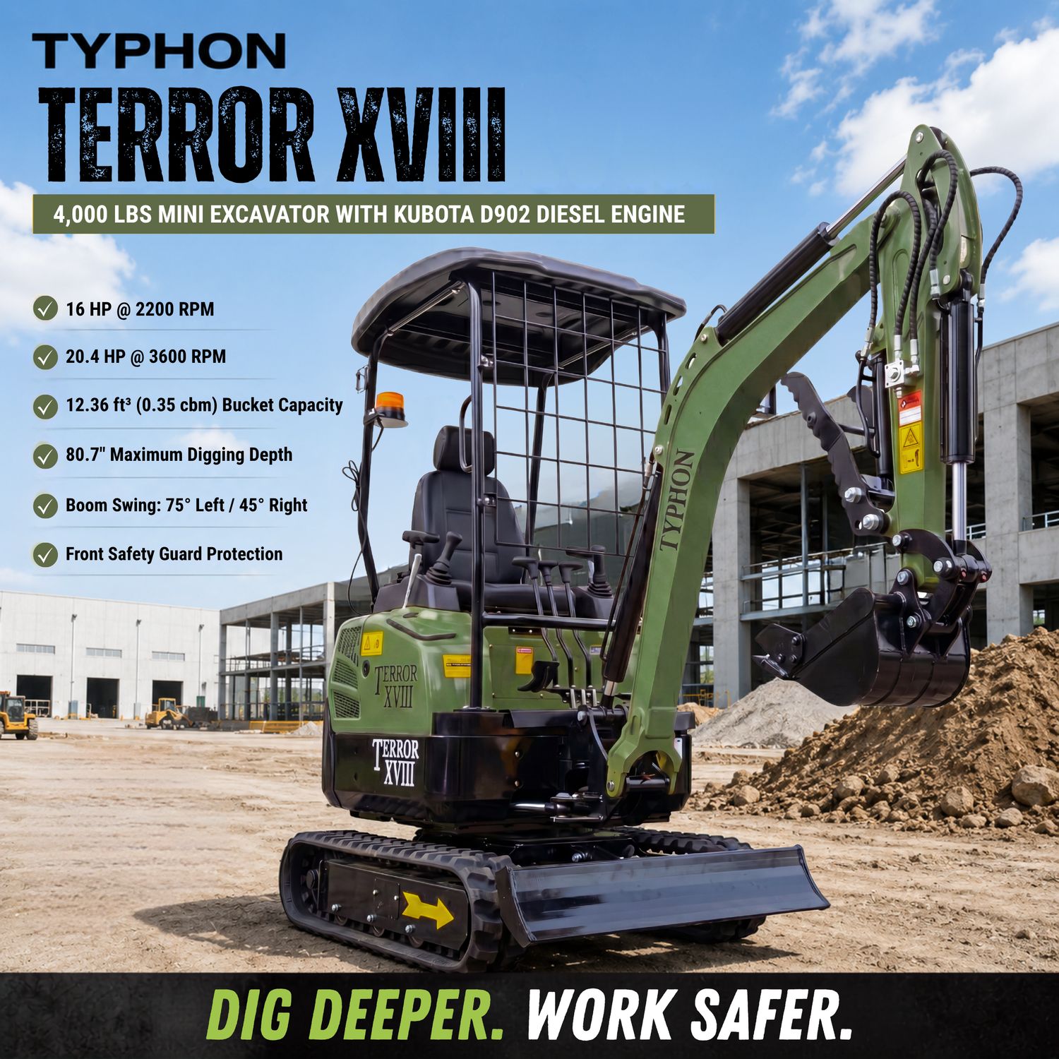 2025 4,000 lb TYPHON TERROR XVIII Mini Excavator Rubber Track with Kubota Diesel Engine USA