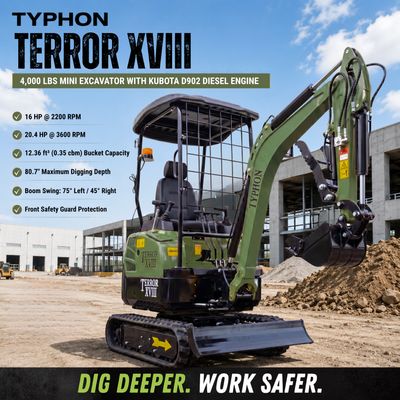 2025 4,000 lb TYPHON TERROR XVIII Mini Excavator Rubber Track with Kubota Diesel Engine USA