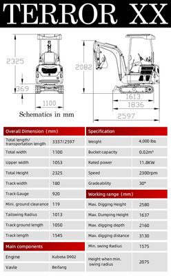 Top Compact & Mini Excavator Diggers- TYPHON Machinery 2025 4,000 lb TYPHON TERROR XX Mini Excavator Rubber Track with Kubota D902 Diesel Engine USA