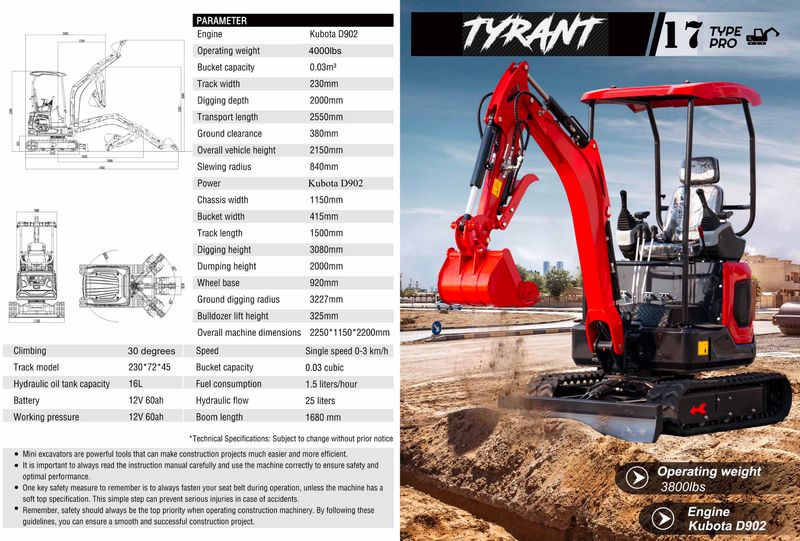 Top Compact & Mini Excavator Diggers- TYPHON Machinery 3800lbs TYRANT 17 Diesel Mini Excavator Kubota D902 Engine Side Swing w 12 attachments
