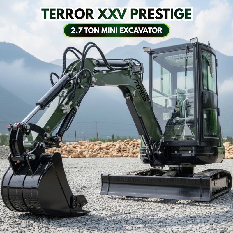 Top Compact & Mini Excavator Diggers- TYPHON Machinery TYPHON TERROR XXV Diesel Mini Excavator 2.7 Ton, 25.1 hp Kubota D1105 RetractableTracks, AC Cabin