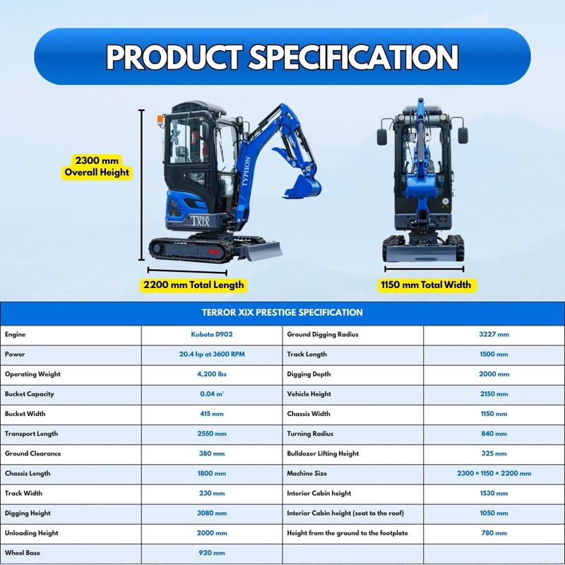 Top Compact & Mini Excavator Diggers- TYPHON Machinery TYPHON TERROR XIX Prestige AC/Heater Cabin Mini Excavator 4200lbs 20.4 HP Kubota D902 with Boom Swing, Retractable Tracks