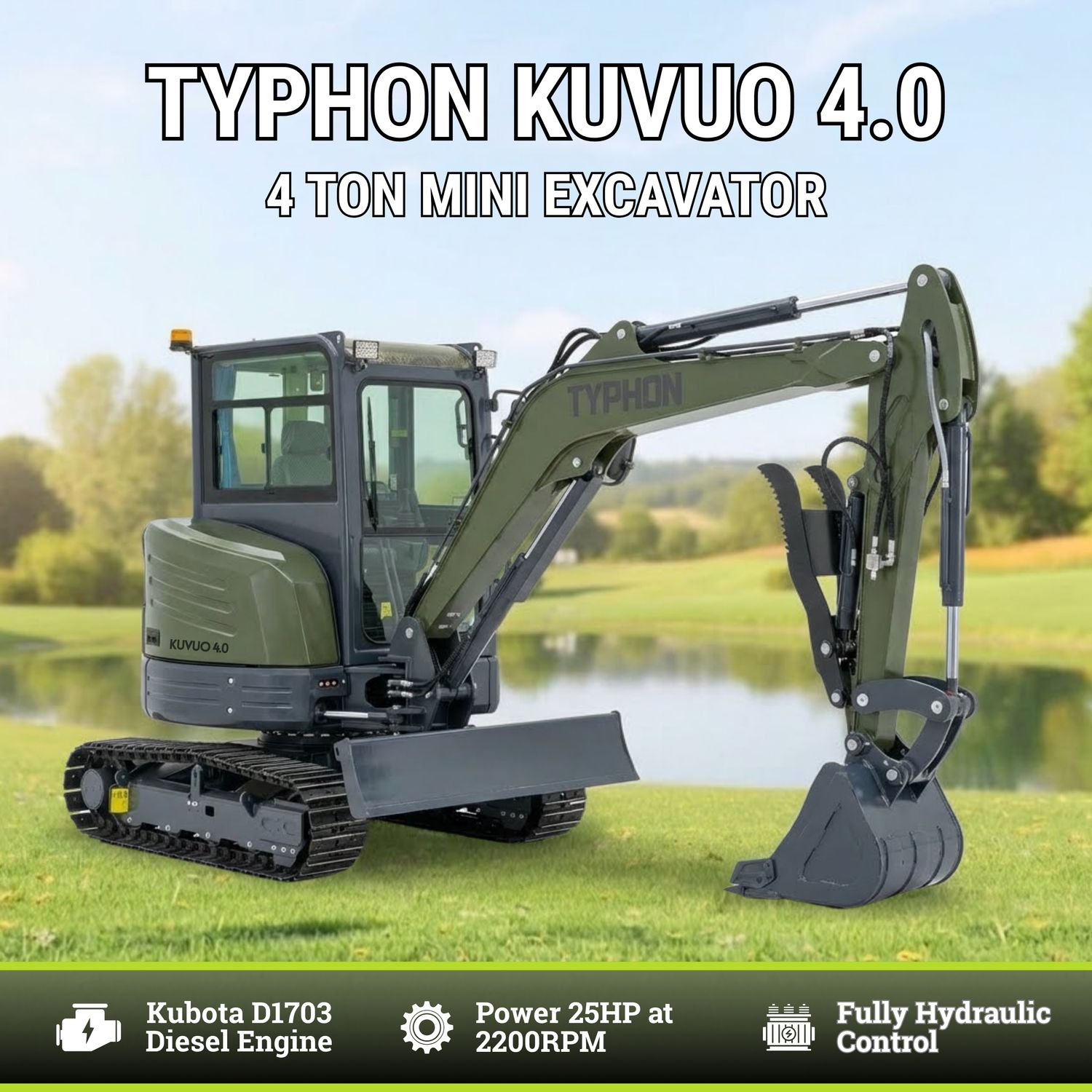 TYPHON KUVUO 4.0 four ton cabin mini excavator w Kubota D1703 Diesel engine Metal Tracks, Boom Swing, AC Heater, Hydraulic Control