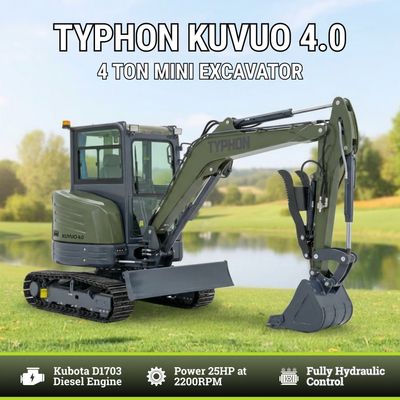 TYPHON KUVUO 4.0 four ton cabin mini excavator w Kubota D1703 Diesel engine Metal Tracks, Boom Swing, AC Heater, Hydraulic Control