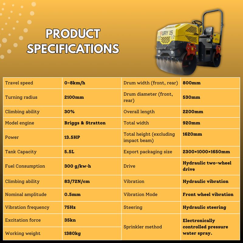 Top Compact & Mini Excavator Diggers- TYPHON Machinery TYPHON FURY 15 Mini Road Roller 1.5Ton 13.5 hp B&S Gas Engine Hydraulic Steering