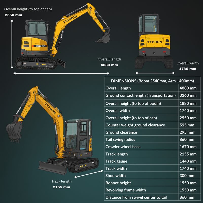 Top Compact & Mini Excavator Diggers- TYPHON Machinery TYPHON NAGA 4.0 Mini Excavator with 4 Ton 24.4hp Yanmar Diesel Engine Metal Track ISO SAE control switch, AC Heater Cabin, 2 Travel Speed