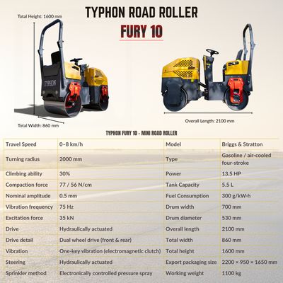 Top Compact & Mini Excavator Diggers- TYPHON Machinery TYPHON Fury 10 Mini Road Roller 1Ton Hydraulic oil B&S 13.5hp gas USA air-cooled