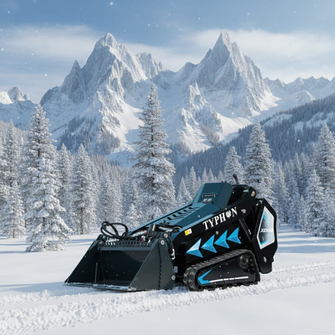 TYHPHON compact tracked skid steer loader operating in snow