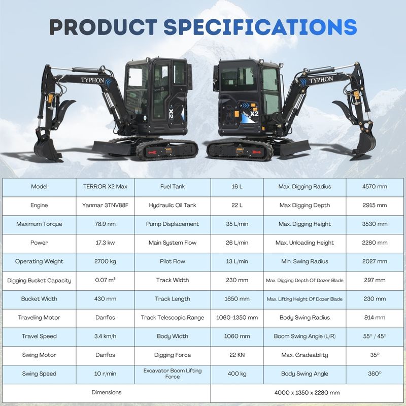 Top Compact & Mini Excavator Diggers- TYPHON Machinery TYPHON TERROR X2 MAX 2.7-Ton Mini Excavator Powerful, Yanmar Engine, Cabin with A/C & Heater, Pilot Control, Boom Swing