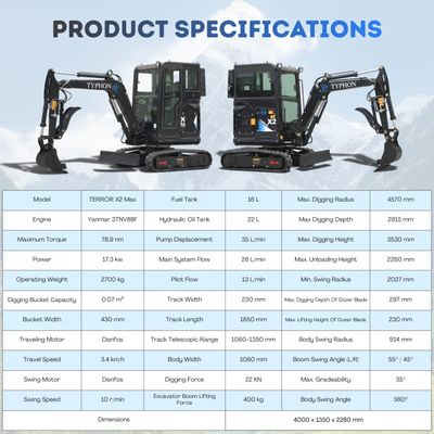 Top Compact & Mini Excavator Diggers- TYPHON Machinery TYPHON TERROR X2 MAX 2.7-Ton Mini Excavator Powerful, Yanmar Engine, Cabin with A/C & Heater, Pilot Control, Boom Swing
