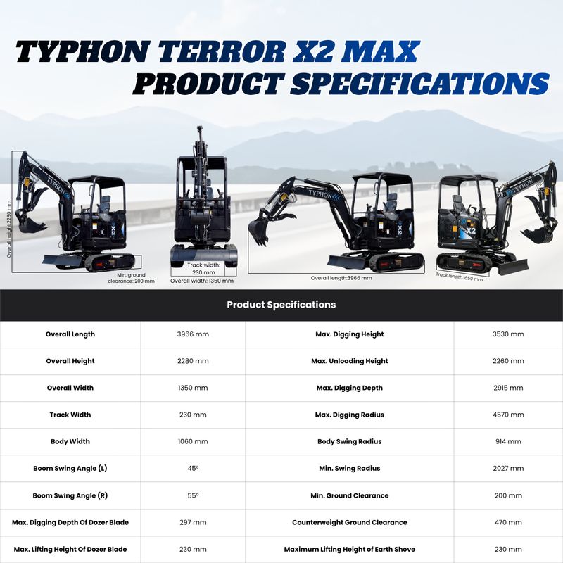 Top Compact & Mini Excavator Diggers- TYPHON Machinery TYPHON TERROR X2 Max Canopy Mini Excavator Powerful 2.5 Ton Compact Machine with Yanmar Engine Advanced Hydraulic System