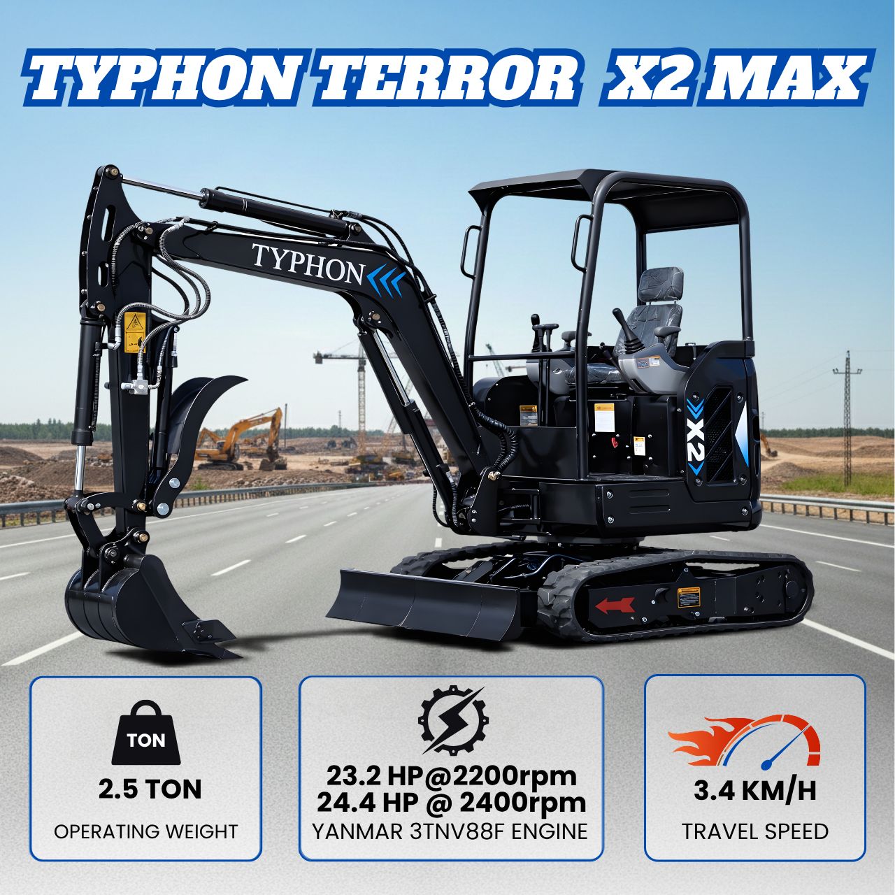 TYPHON TERROR X2 Max Canopy Mini Excavator Powerful 2.5 Ton Compact Machine with Yanmar Engine Advanced Hydraulic System TYPHON TERROR X2 Max Canopy Mini Excavator Powerful 2.5 Ton Compact Machine with Yanmar Engine Advanced Hydraulic System