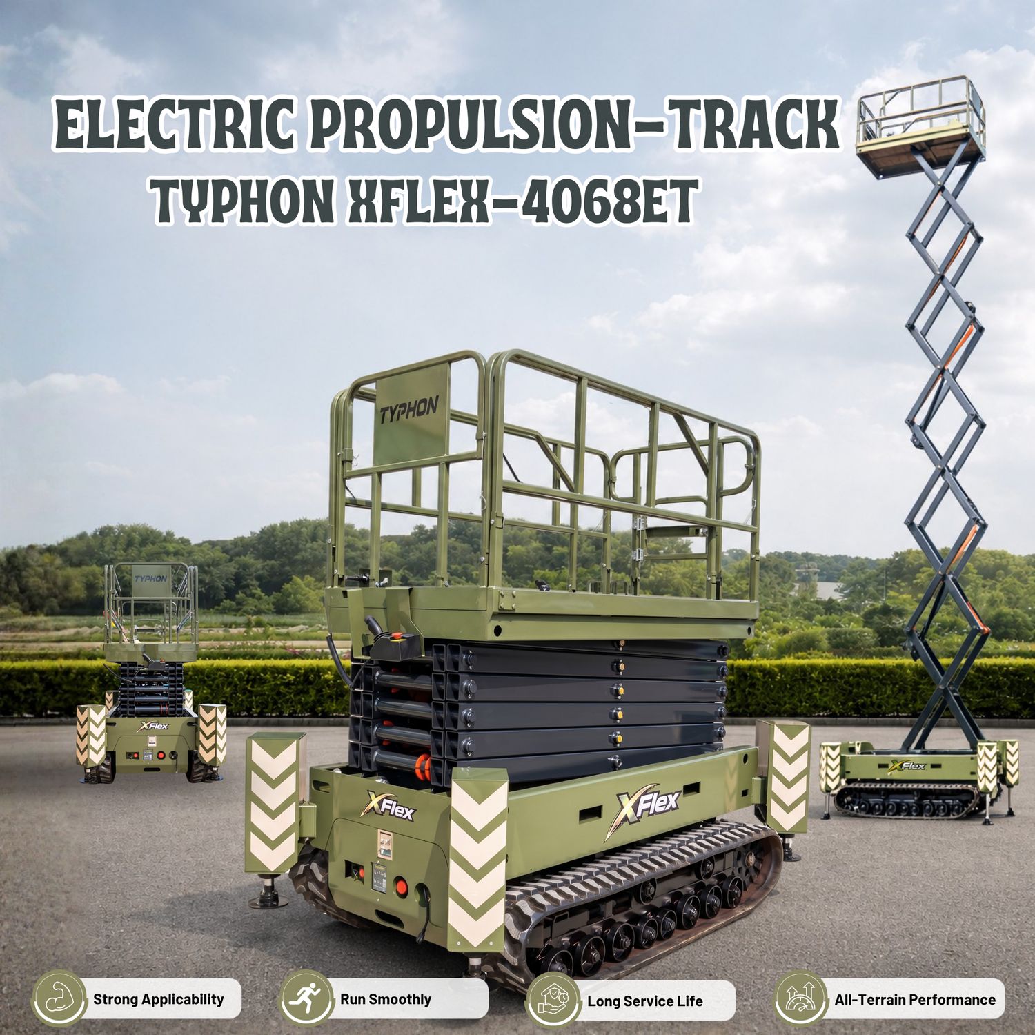 TYPHON xFlex-4068ET Electric Rubber Track Scissor Lift 3.2 Ton with 5.4HP Hydraulic Pump Motor Drive and Hydraulic Lifting Cylinder, 40 ft Max Lifting Height TYPHON xFlex-4068ET Electric Rubber Track Scissor Lift 3.2 Ton with 5.4HP Hydraulic Pump Motor Drive and Hydraulic Lifting Cylinder, 40 ft Max Lifting Height