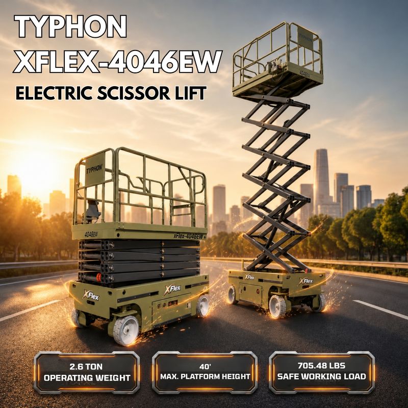 TYPHON xFlex-4046EW Electric Wheel Scissor Lift 2.6 Ton operating weight and 40ft platform height with 705lbs Load Capacity TYPHON xFlex-4046EW Electric Wheel Scissor Lift 2.6 Ton operating weight and 40ft platform height with 705lbs Load Capacity