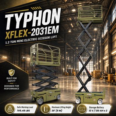 TYPHON xFLEX-2031EM 1.2 Ton Electric Mini Scissor Lift with 20ft Max Platform Height and 19.7 TYPHON xFLEX-2031EM 1.2 Ton Electric Mini Scissor Lift with 20ft Max Platform Height and 19.7" Platform Extend