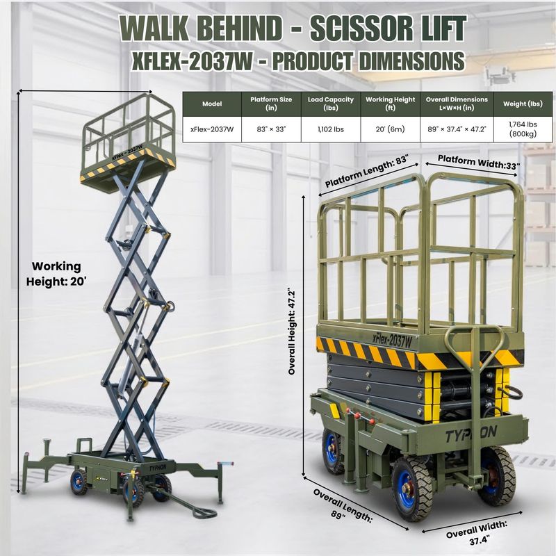 TYPHON xFlex-2037W Walk-Behind Scissor Lift comes with 20ft Working Height and Manual outriggers 1102 lbs load capacity 110V Electric