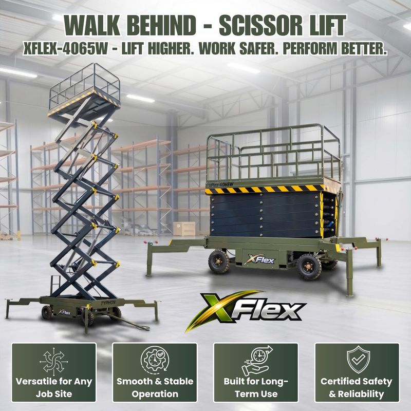 TYPHON xFlex-4065W Walk-Behind Scissor Lift 2.7 Ton with Assisted Walking, Manual outriggers of 40 ft lifting Height & 110V Electric TYPHON xFlex-4065W Walk-Behind Scissor Lift 2.7 Ton with Assisted Walking, Manual outriggers of 40 ft lifting Height & 110V Electric
