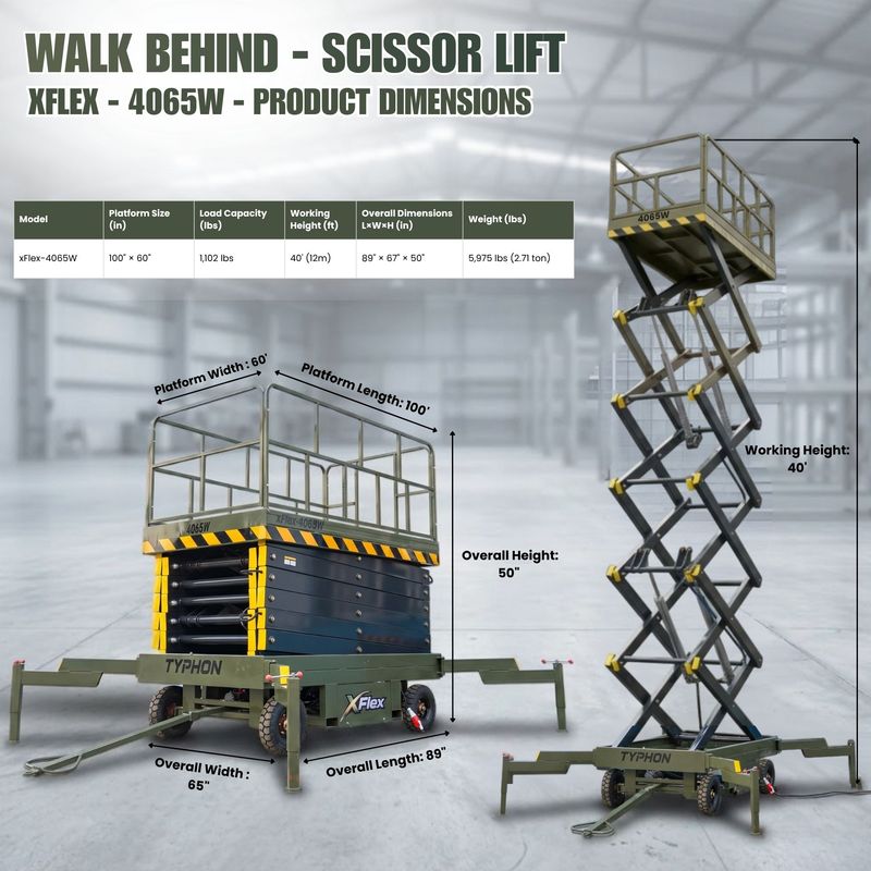 TYPHON xFlex-4065W Walk-Behind Scissor Lift 2.7 Ton with Assisted Walking, Manual outriggers of 40 ft lifting Height & 110V Electric