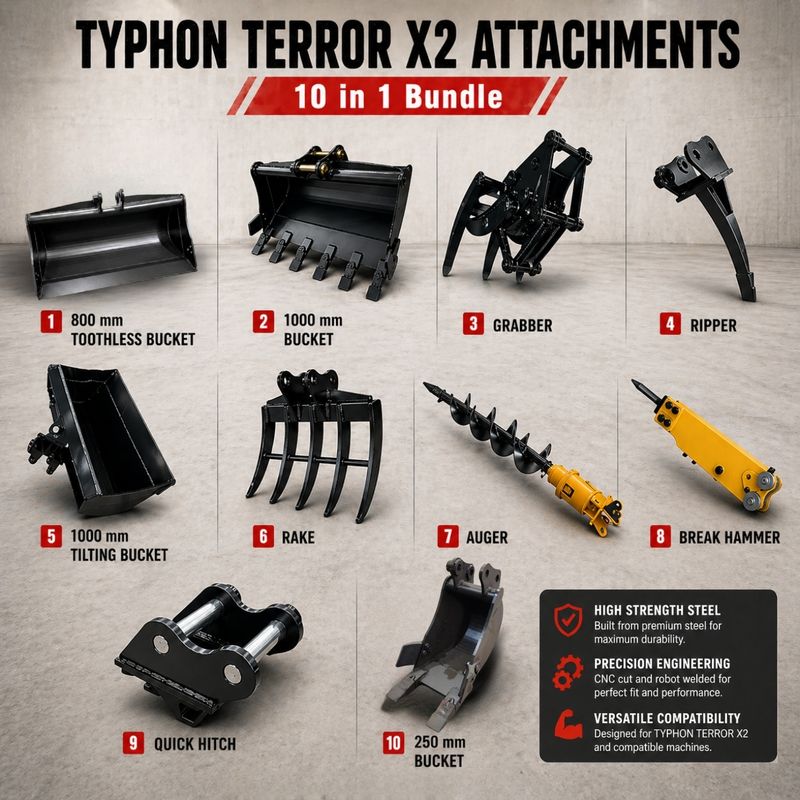 Ultimate 10 in 1 Attachment for TYPHON TERROR X2 Pro &amp; X2 Max Mini Excavator