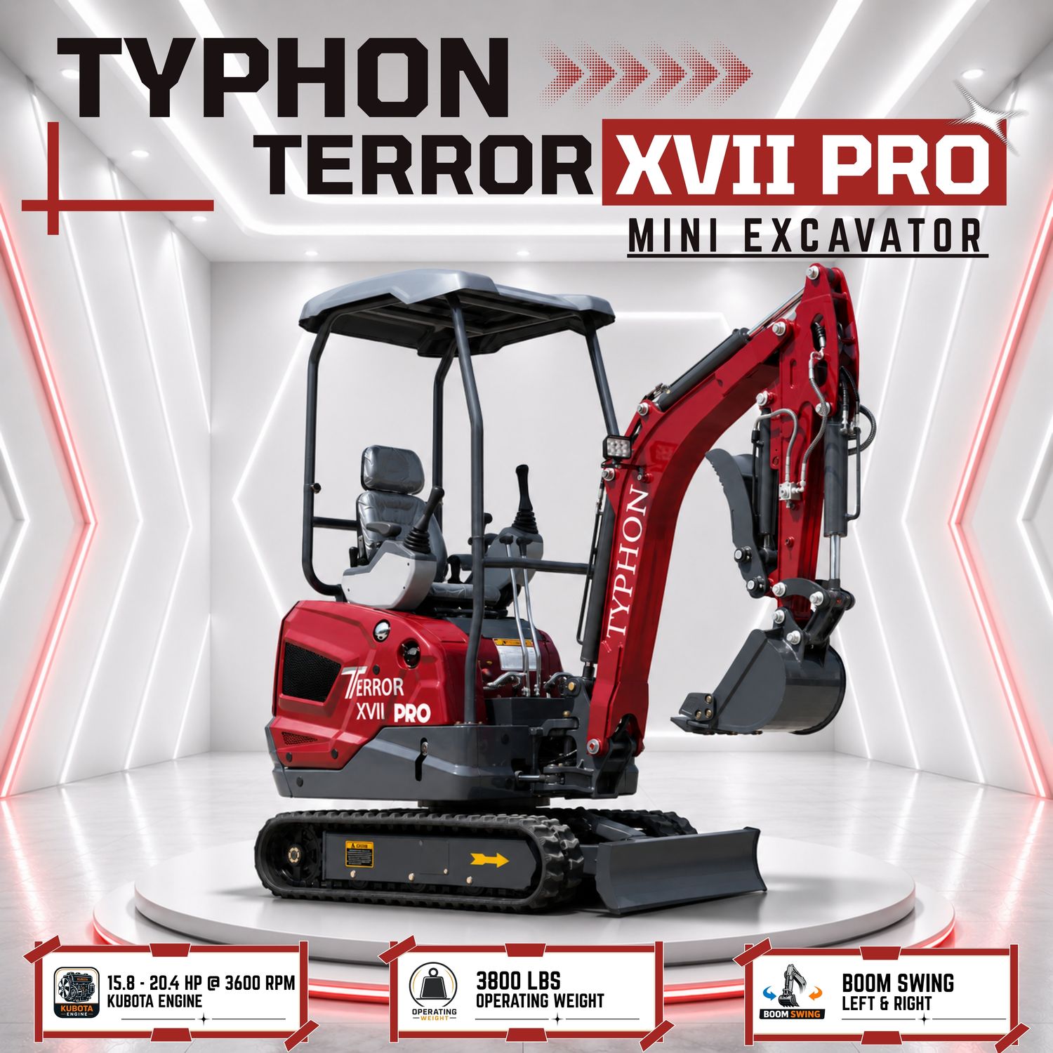 TYPHON TERROR XVII PRO 3800 lbs Mini Excavator Kubota Diesel, Hydraulic Thumb, Dozer Blade &amp; Boom Swing