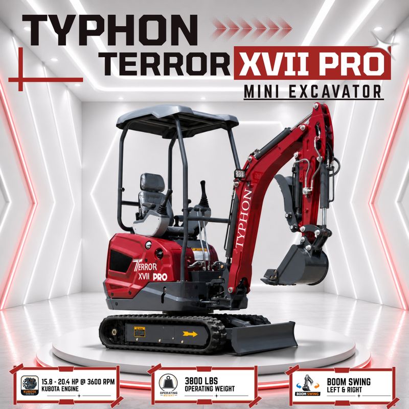 TYPHON TERROR XVII PRO 3800 lbs Mini Excavator Kubota Diesel, Hydraulic Thumb, Dozer Blade & Boom Swing