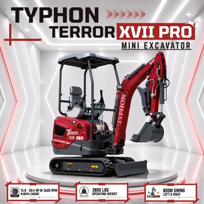 TYPHON TERROR XVII PRO 3800 lbs Mini Excavator Kubota Diesel, Hydraulic Thumb, Dozer Blade &amp; Boom Swing