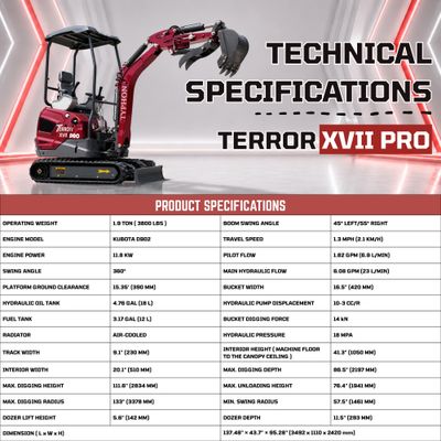 Top Compact & Mini Excavator Diggers- TYPHON Machinery TYPHON TERROR XVII PRO 3800 lbs Mini Excavator Kubota Diesel, Hydraulic Thumb, Dozer Blade & Boom Swing